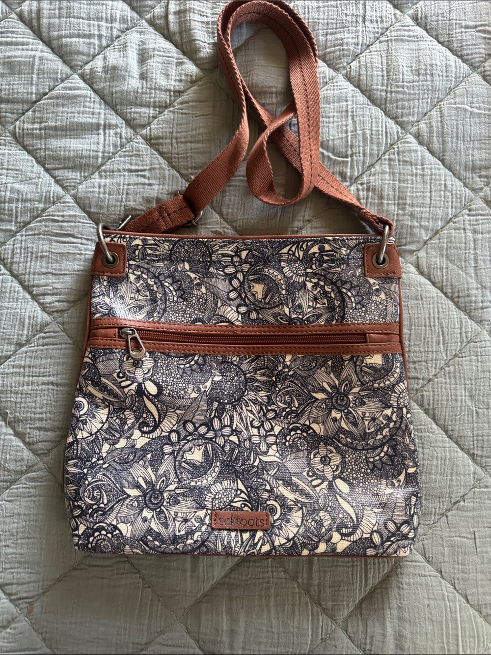 Sakroots Navy Floral Crossbody with Tan Trim